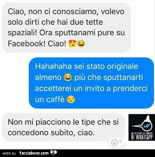 Ciao, non ci conosciamo, volevo solo dirti che hai due tette spaziali! Ora sputtanami pure su facebook! Ciao! Hahahaha sei stato originale almeno più che sputtanarti accetterei un invito a prenderci un caffè. Non mi piacciono le tipe che si concedono subi