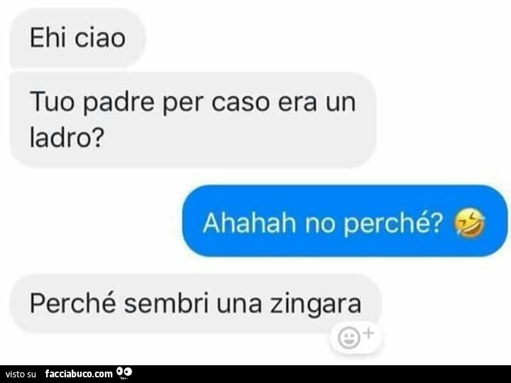 Ehi ciao tuo padre per caso era un ladro? Ahahah no Perché? Perché sembri una zingara