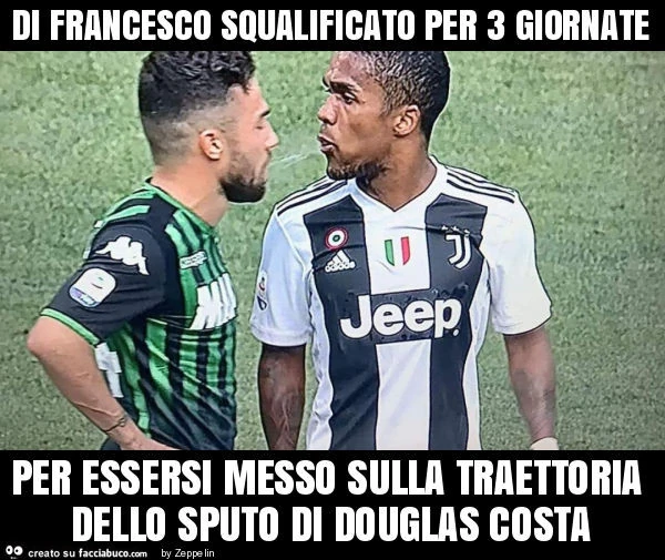Di francesco squalificato per 3 giornate per essersi messo sulla traettoria dello sputo di douglas costa