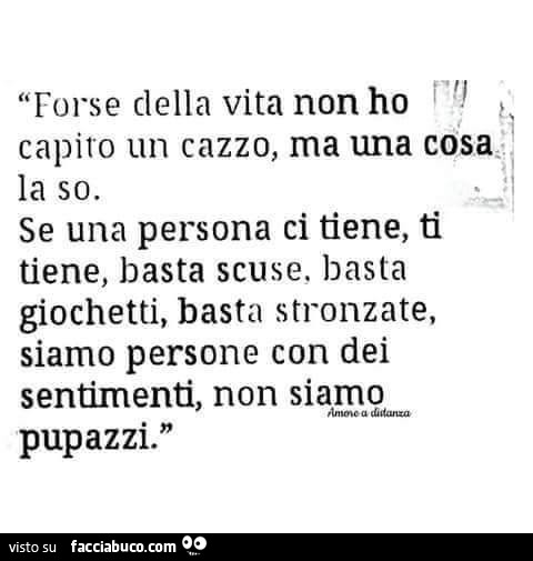 Forse della vita non ho capito un cazzo, ma una cosa la so. Se una persona ci tiene, ti tiene, basta scuse, basta giochetti, basta stronzate, siamo persone con dei sentimenti, non siamo pupazzi