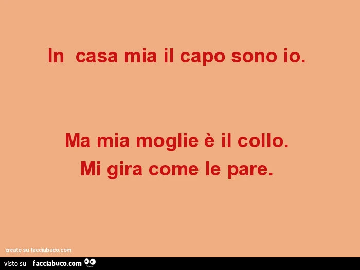 In casa mia il capo sono io. Ma mia moglie è il collo. Mi gira come le pare
