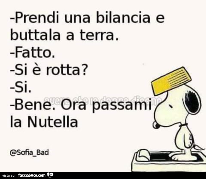Prendi una bilancia e buttala a terra. Fatto. Si è rotta? Si. Bene. Ora passami la nutella