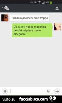 Ti lascio perchè ti amo troppo. Ok e io ti rigo la macchina perchè mi piace molto disegnare