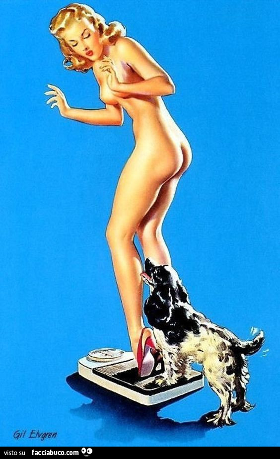 Cane sulla bilancia assieme alla donna nuda
