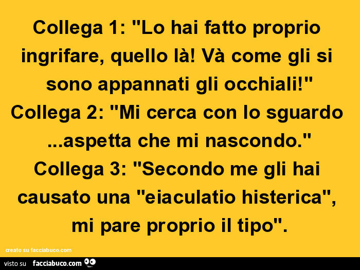 Collega 1: "lo hai fatto proprio ingrifare, quello là! Và come gli si sono appannati gli occhiali! " Collega 2: "mi cerca con lo sguardo… aspetta che mi nascondo. " Collega 3: "secondo me gli hai causato una "eiaculati