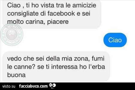 Ciao, ti ho vista tra le amicizie consigliate di facebook e sei molto carina, piacere. Ciao. Vedo che sei della mia zona, fumi le canne? Se ti interessa ho l'erba buona