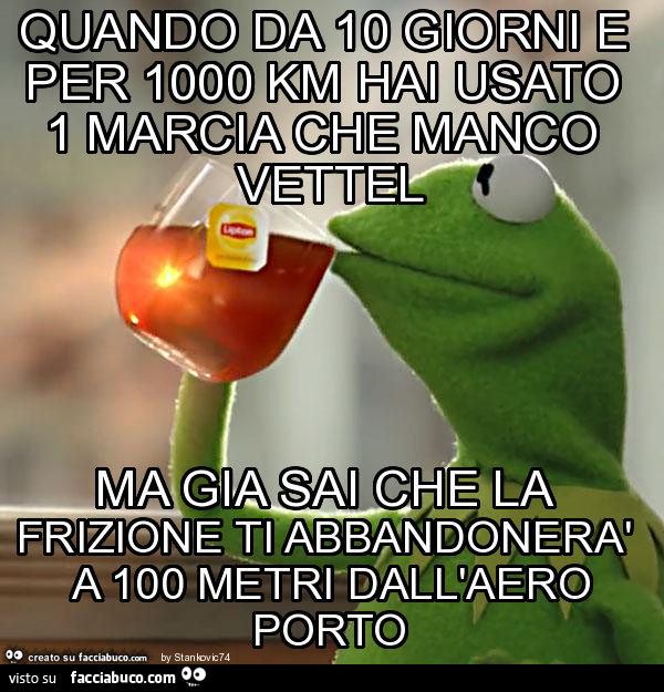 Quando da 10 giorni e per 1000 km hai usato 1 marcia che manco vettel ma gia sai che la frizione ti abbandonerà a 100 metri dall'aeroporto