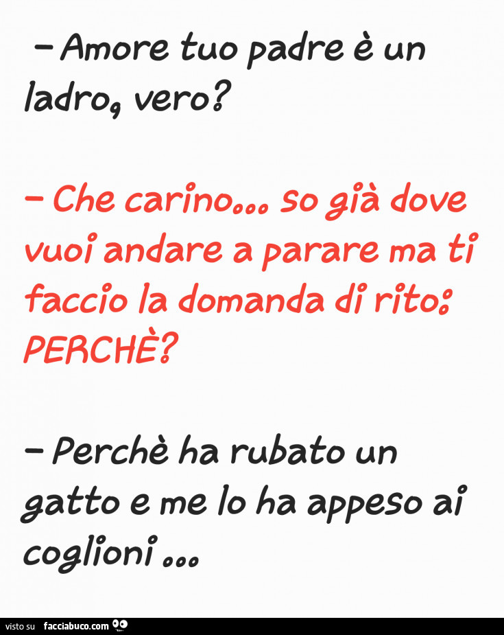 Amore tuo padre è un ladro vero? Perchè ha rubato un gatto e me lo ha appeso ai coglioni