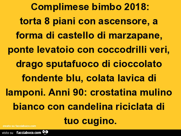 Complimese bimbo 2018: torta 8 piani con ascensore, a forma di castello di marzapane, ponte levatoio con coccodrilli veri, drago sputafuoco di cioccolato fondente blu, colata lavica di lamponi. Anni 90: crostatina mulino bianco con candelina riciclata di 