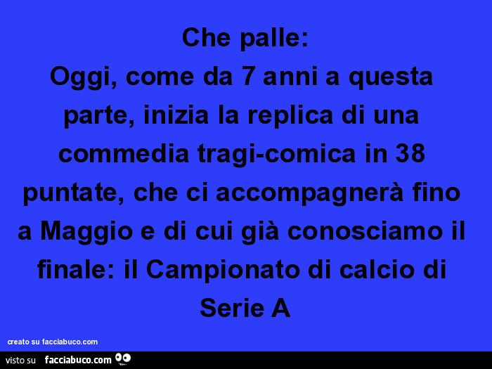 Che palle: oggi, come da 7 anni a questa parte, inizia la replica di una commedia tragi-comica in 38 puntate, che ci accompagnerà fino a maggio e di cui già conosciamo il finale: il campionato di calcio di serie a