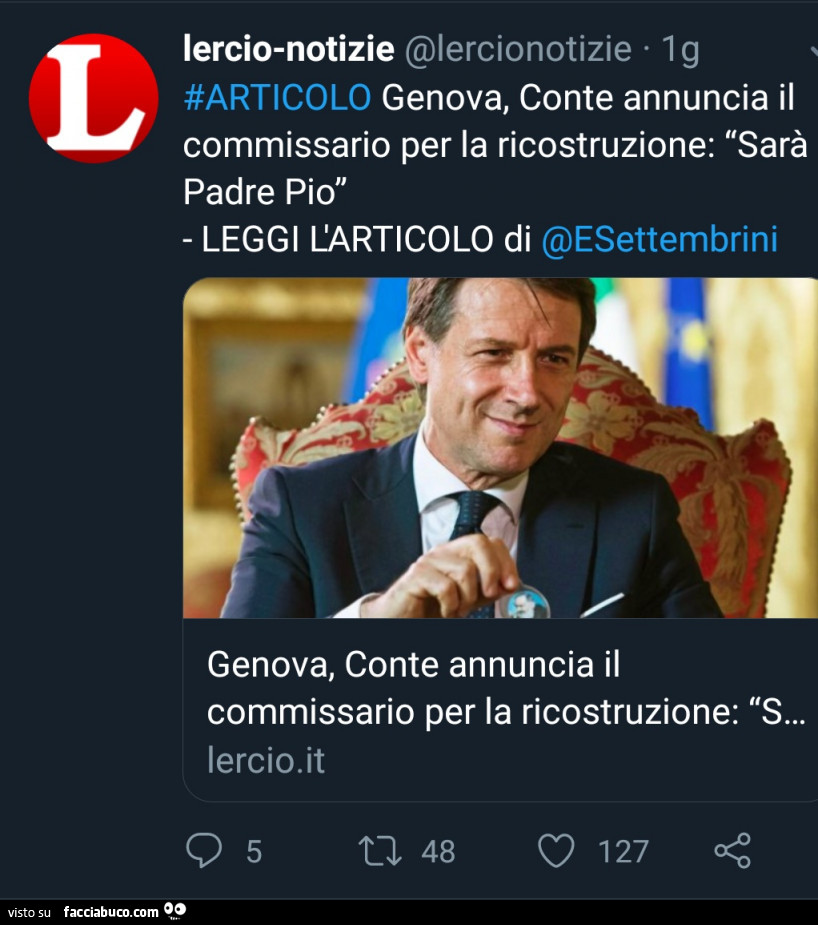 Genova, Conte annuncia il commissario per la ricostruzione: Sarà Padre Pio
