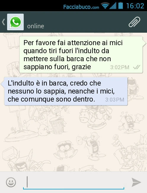 Per favore fai attenzione ai mici quando tiri fuori l'indulto da mettere sulla barca che non sappiano fuori, grazie. L'indulto è in barca, credo che nessuno lo sappia, neanche i mici, che comunque sono dentro