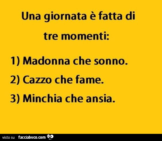 Una giornata è fatta di tre momenti: 1) madonna che sonno. 2) cazzo che fame. 3) minchia che ansia