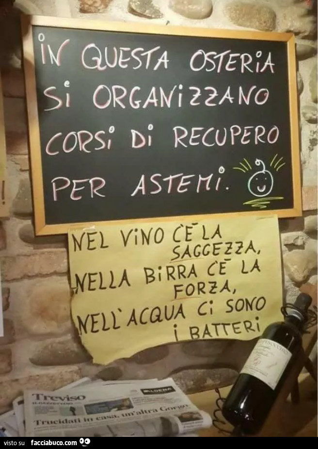 In questa osteria si organizzano corsi di recupero per astemi. Nel vino c'è la saggezza, nella birra c'è la forza, nell'acqua ci sono i batteri