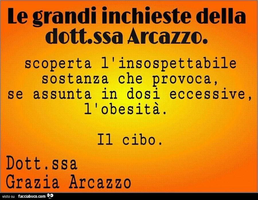Le grandi inchieste della dottoressa Arcazzo. Scoperta l'insospettabile sostanza che provoca, se assunta in dosi eccessive, l'obesità. Il cibo