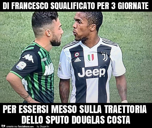Di francesco squalificato per 3 giornate per essersi messo sulla traettoria dello sputo di douglas costa