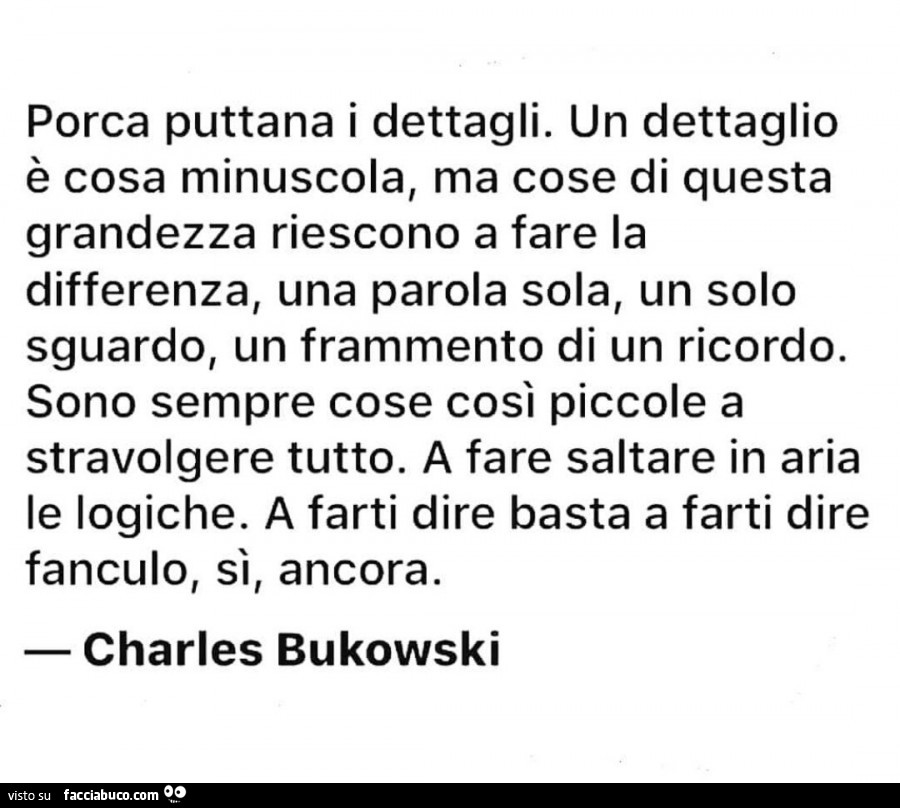 Porca puttana i dettagli. Un dettaglio è cosa minuscola, ma cose di questa grandezza riescono A fare la differenza, una parola sola, un solo sguardo, un frammento di un ricordo. Sono sempre cose così piccole A stravolgere tutto