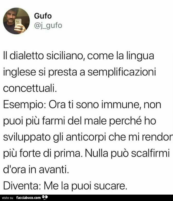 Il dialetto siciliano, come la lingua inglese si presta a semplificazioni concettuali. Esempio: ora ti sono immune, non puoi più farmi del male perché ho sviluppato gli anticorpi che mi rendono più forte di prima. Nulla può scalfirmi d'ora in avanti