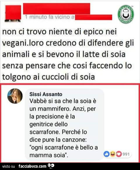 Non ci trovo niente di epico nei vegani. Loro credono di difendere gli animali e si bevono il latte di soia senza pensare che cosi faccendo lo tolgono ai cuccioli di soia. Vabbè si sa che la soia è un mammifero. Anzi, per la precisione è la genitrice dell