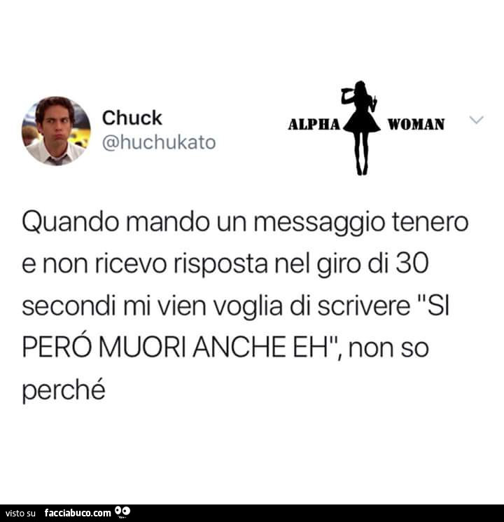 Quando mando un messaggio tenero e non ricevo risposta nel giro di 30 secondi mi vien voglia di scrivere si però muori anche eh, non so perché