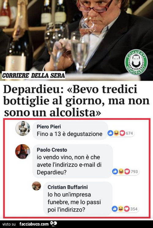 Depardieu: bevo tredici bottiglie al giorno, ma non sono un alcolista. Fino a 13 è degustazione