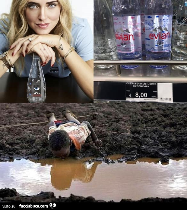 Acqua Chiara Ferragni. Bimbo africano beve nella pozzanghera