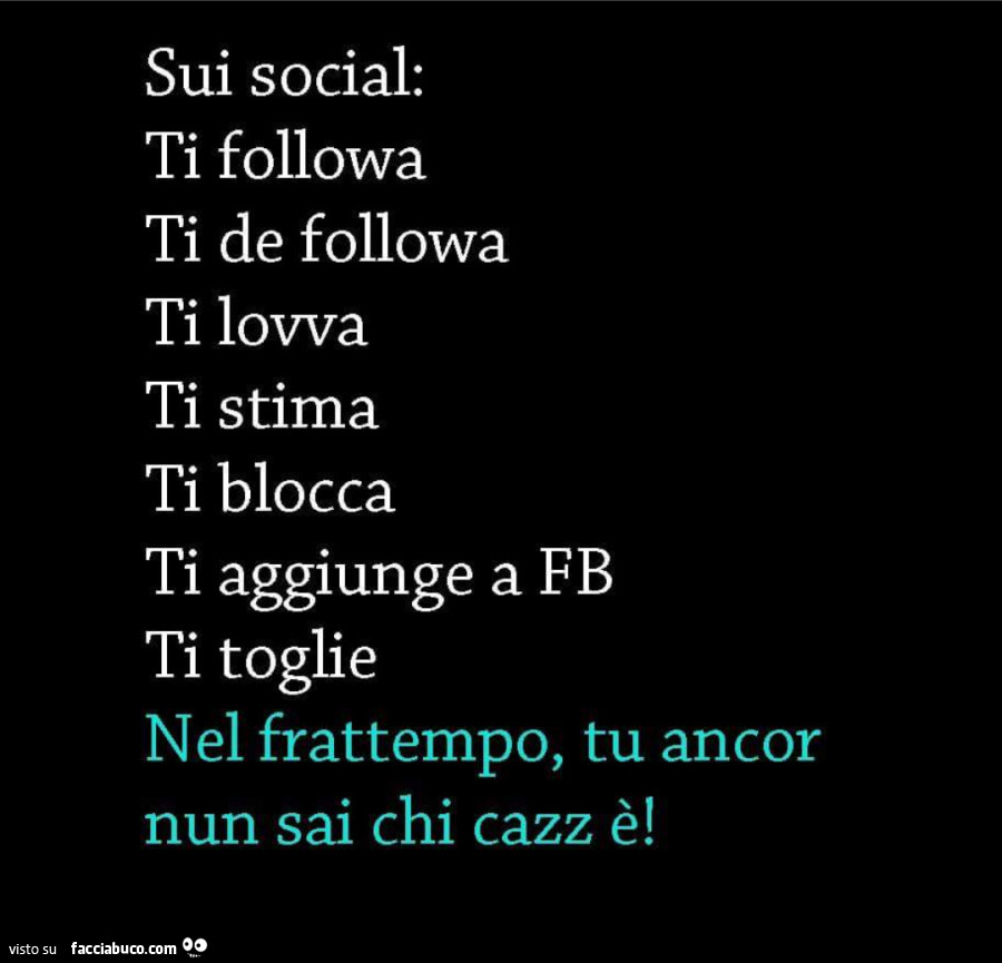 Sui social: ti followa ti de followa ti lowa ti stima ti blocca ti aggiunge a fb ti toglie. Nel frattempo, tu ancor nun sai chi cazz è