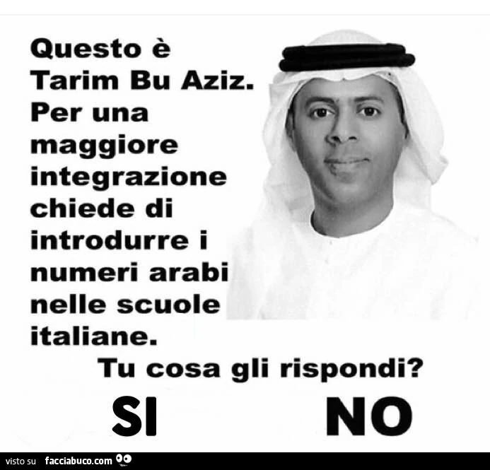 Questo è tarim bu aziz. Per una maggiore integrazione chiede di introdurre i numeri arabi nelle scuole italiane. Tu cosa gli rispondi?