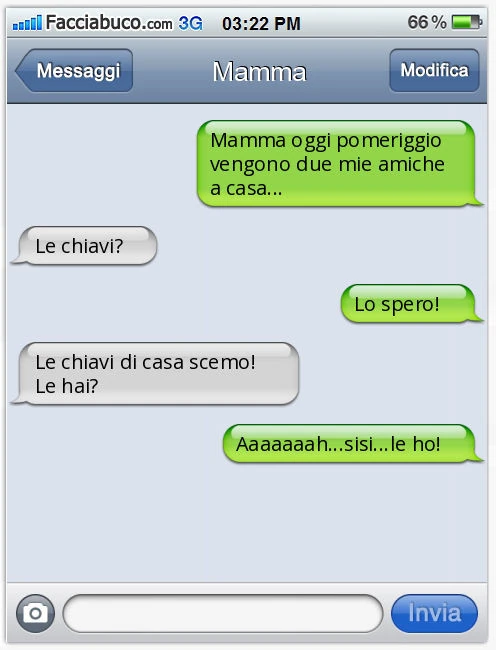 Mamma oggi pomeriggio vengono due mie amiche a casa&hellip; Le chiavi? Lo spero! Le chiavi di casa scemo! Le hai? Aaaaaaah&hellip; sisi&hellip; le ho