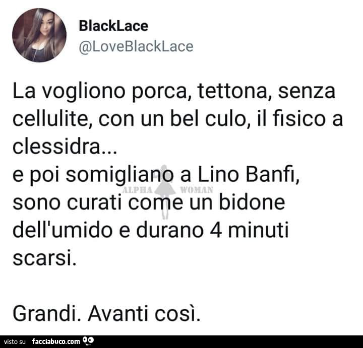 La vogliono porca, tettona, senza cellulite, con un bel culo, il fisico a clessidra… e poi somigliano a lino banfi, sono curati come un bidone dell'umido e durano 4 minuti scarsi. Grandi. Avanti così