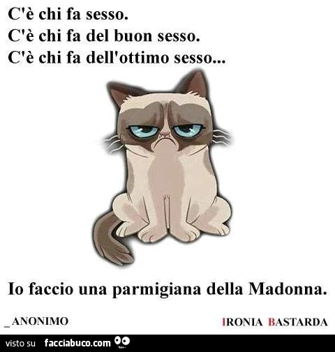 C'è chi fa sesso. C'è chi fa del buon sesso. C'è chi fa dell'ottimo sesso&hellip; io faccio una parmigiana della madonna