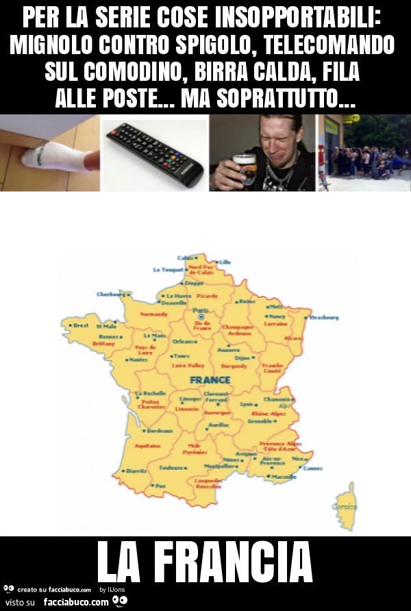 Per la serie cose insopportabili: mignolo contro spigolo, telecomando sul comodino, birra calda, fila alle poste&hellip; ma soprattutto&hellip; la francia