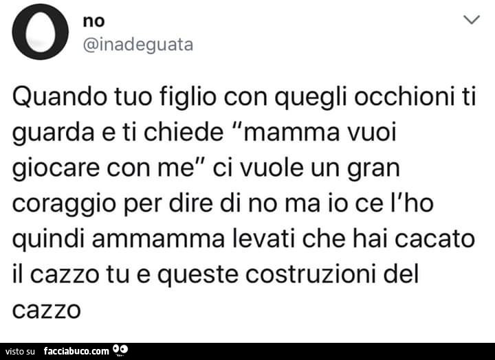 Quando tuo figlio con quegli occhioni ti guarda e ti chiede mamma vuoi giocare con me ci vuole un gran coraggio per dire di no ma io ce l'ho quindi ammamma levati che hai cacato il cazzo tu e queste costruzioni del cazzo