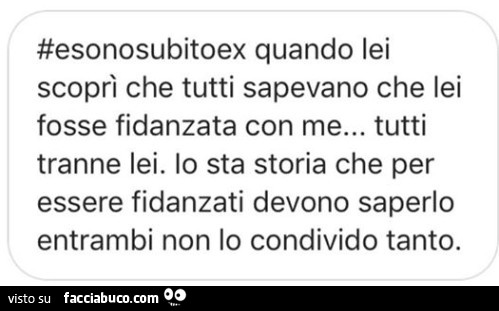 E sono subito ex quando lei scoprì che tutti sapevano che lei fosse fidanzata con me… tutti tranne lei. Io sta storia che per essere fidanzati devono saperlo entrambi non lo condivido tanto