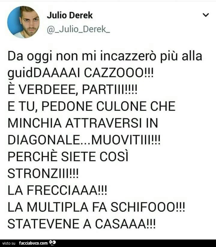 Da oggi non mi incazzerò più alla guiddaaaal cazzooo! È Verdeee, partiii! E tu, pedone culone che minchia attraversi in diagonale&hellip; muovitiii! Perché siete cosi stronziii! La frecciaaa! La multipla fa schifooo! Statevene a casaaa
