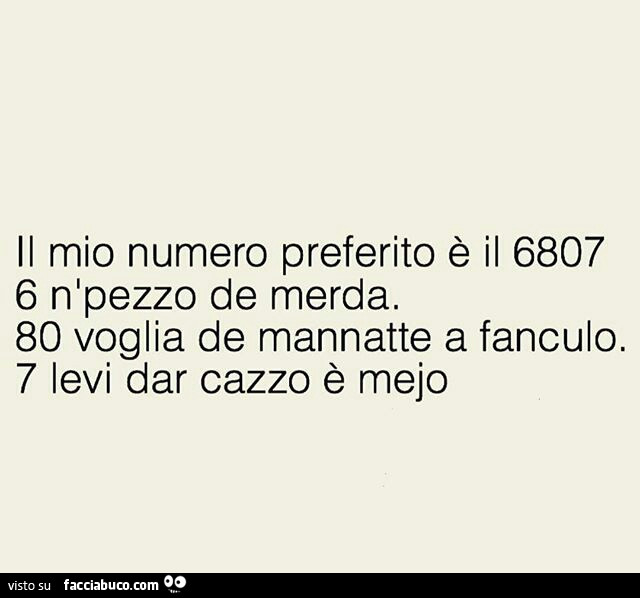 Il mio numero preferito è il 6807 6 un pezzo di merda 80 voglia di mandarti a fanculo 7 levi dal cazzo è meglio