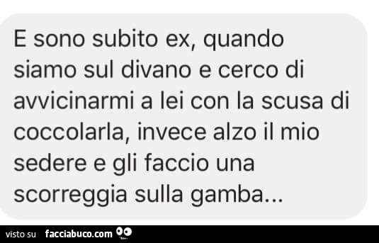 E sono subito ex, quando siamo sul divano e cerco di avvicinarmi a lei con la scusa di coccolarla, invece alzo il mio sedere e gli faccio una scorreggia sulla gamba