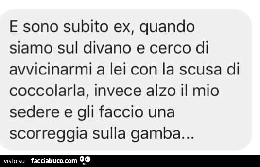 E sono subito ex, quando siamo sul divano e cerco di avvicinarmi a lei con la scusa di coccolarla, invece alzo il mio sedere e gli faccio una scorreggia sulla gamba