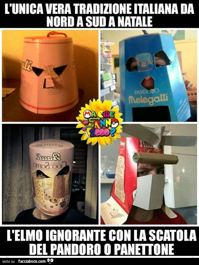 L'unica vera tradizione italiana da nord a sud a natale, l'elmo ignorante con la scatola del pandoro o panettone