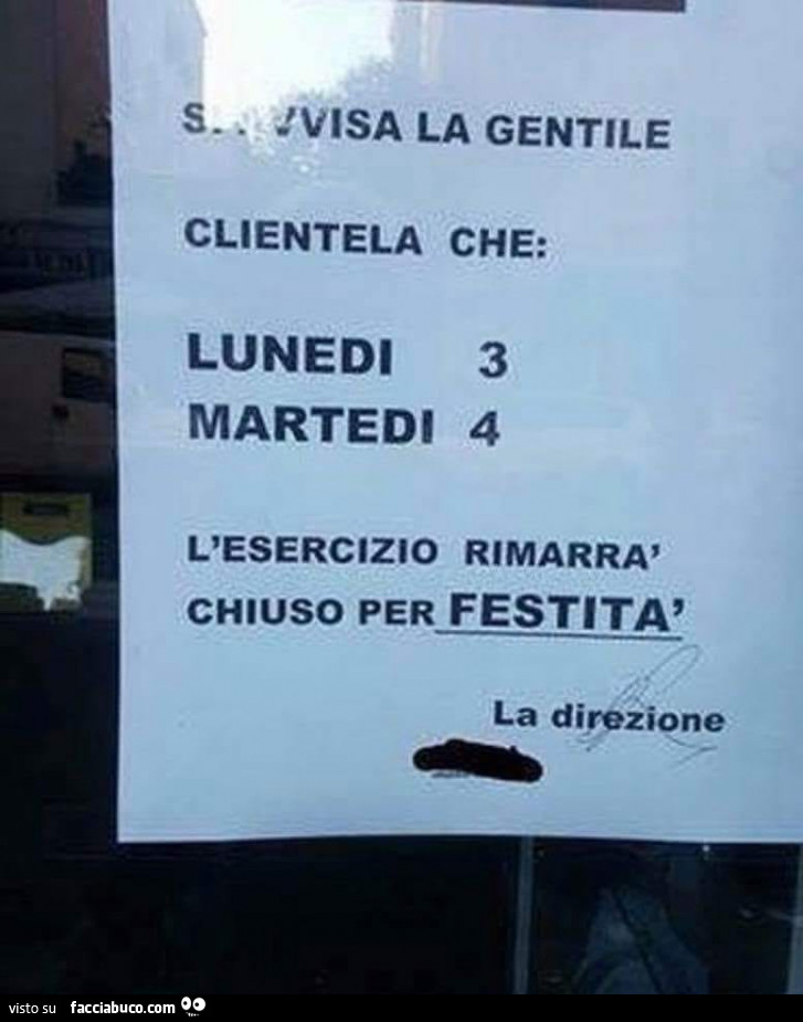 Si avvisa la gentile clientela che lunedì 3 martedì 4 l'esercizio rimarrà chiuso per festità