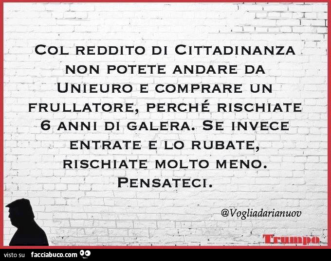 Col reddito di cittadinanza non potete andare da unieuro e comprare un frullatore, perché rischiate 6 anni di galera. Se invece entrate e lo rubate, rischiate molto meno. Pensateci