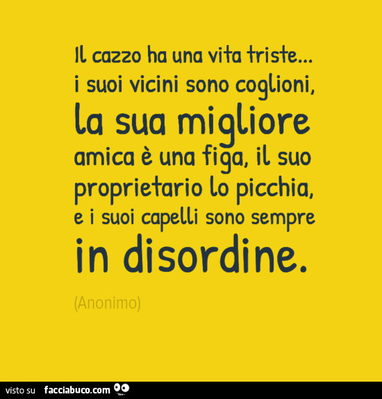 Il cazzo ha una vita triste… i suoi vicini sono coglioni, la sua migliore amica è una figa, il suo proprietario lo picchia, e i suoi capelli sono sempre in disordine