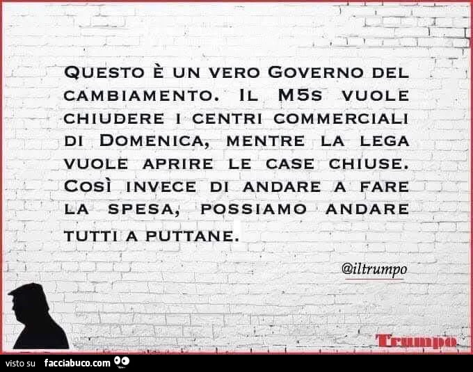 Questo è un vero governo del cambiamento. Il m5s vuole chiudere i centri commerciali di domenica, mentre la lega vuole aprire le case chiuse. Così invece di andare a fare la spesa, possiamo andare tutti a puttane