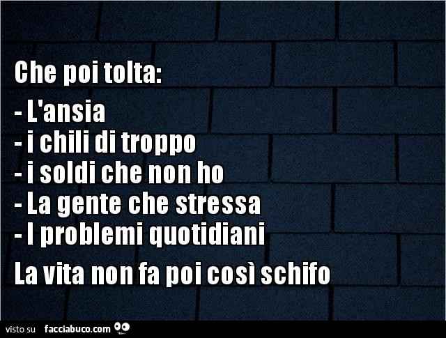 Che poi tolta: l'ansia i chili di troppo i soldi che non ho la gente che stressa i problemi quotidiani la vita non fa poi così schifo