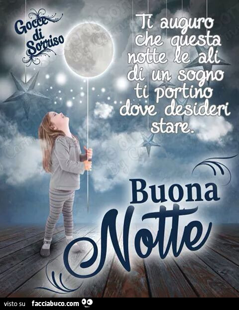 Ti auguro che questa notte le ali di un sogno ti portino dove desideri stare. Buona notte