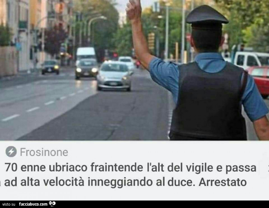 Frosinone: 70 enne ubriaco fraintende l'alt del vigile e passa i ad alta velocità inneggiando al duce. Arrestato