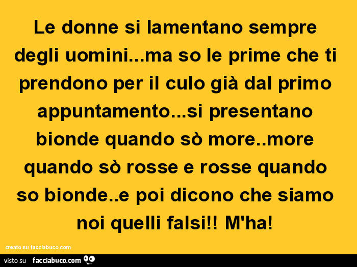 Le donne si lamentano sempre degli uomini… ma so le prime che ti prendono per il culo già dal primo appuntamento… si presentano bionde quando sò more. More quando sò rosse e rosse quando so bionde. E poi dicono che siamo noi quelli falsi! M