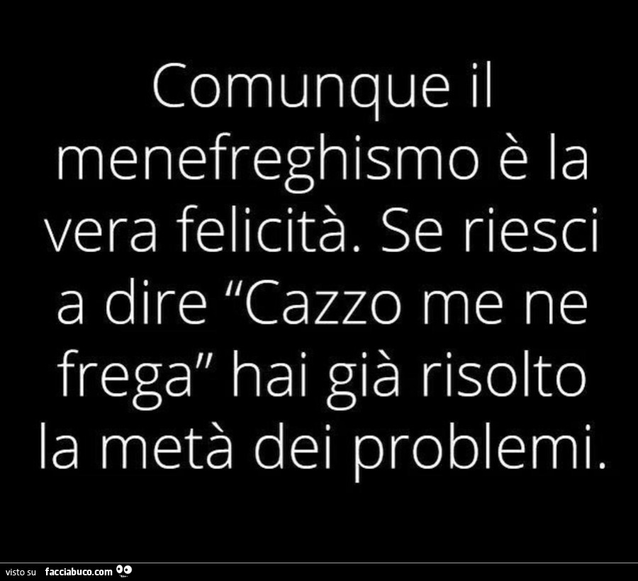 Comunque il menefreghismo è la vera felicità. Se riesci a dire cazzo me ne frega hai già risolto la metà dei problemi