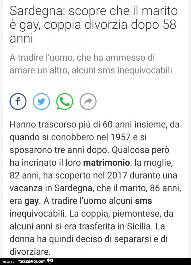 Sardegna: scopre che il marito è gay, coppia divorzia dopo 58 anni