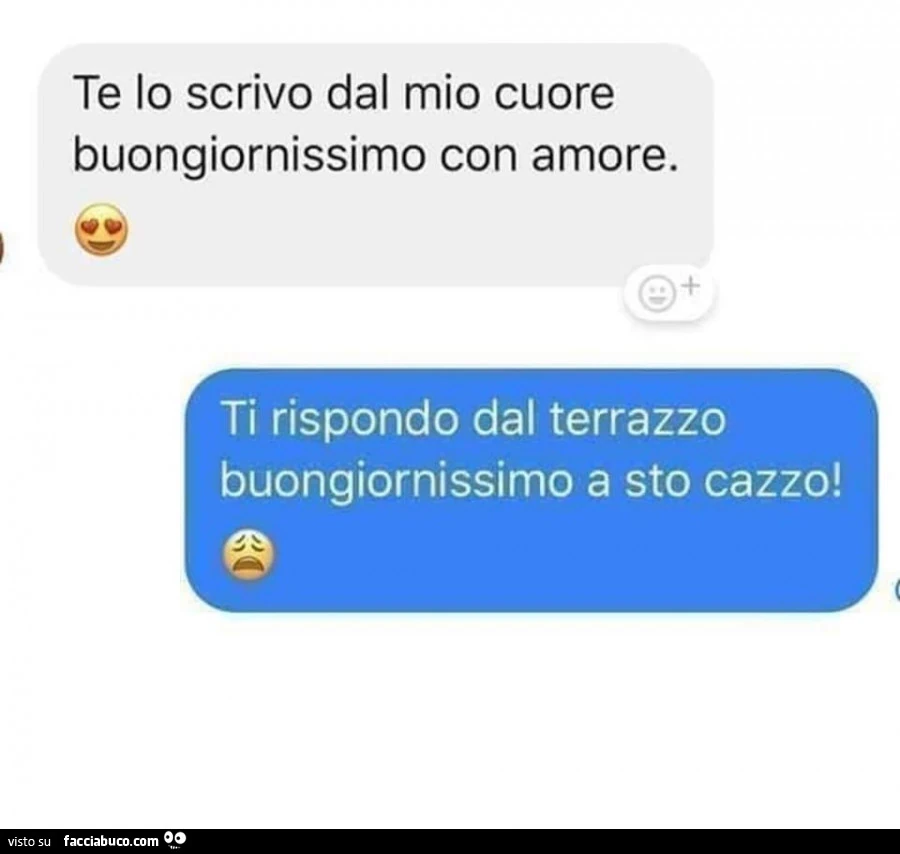 Te lo scrivo dal mio cuore buongiornissimo con amore. Ti rispondo dal terrazzo buongiornissimo a sto cazzo